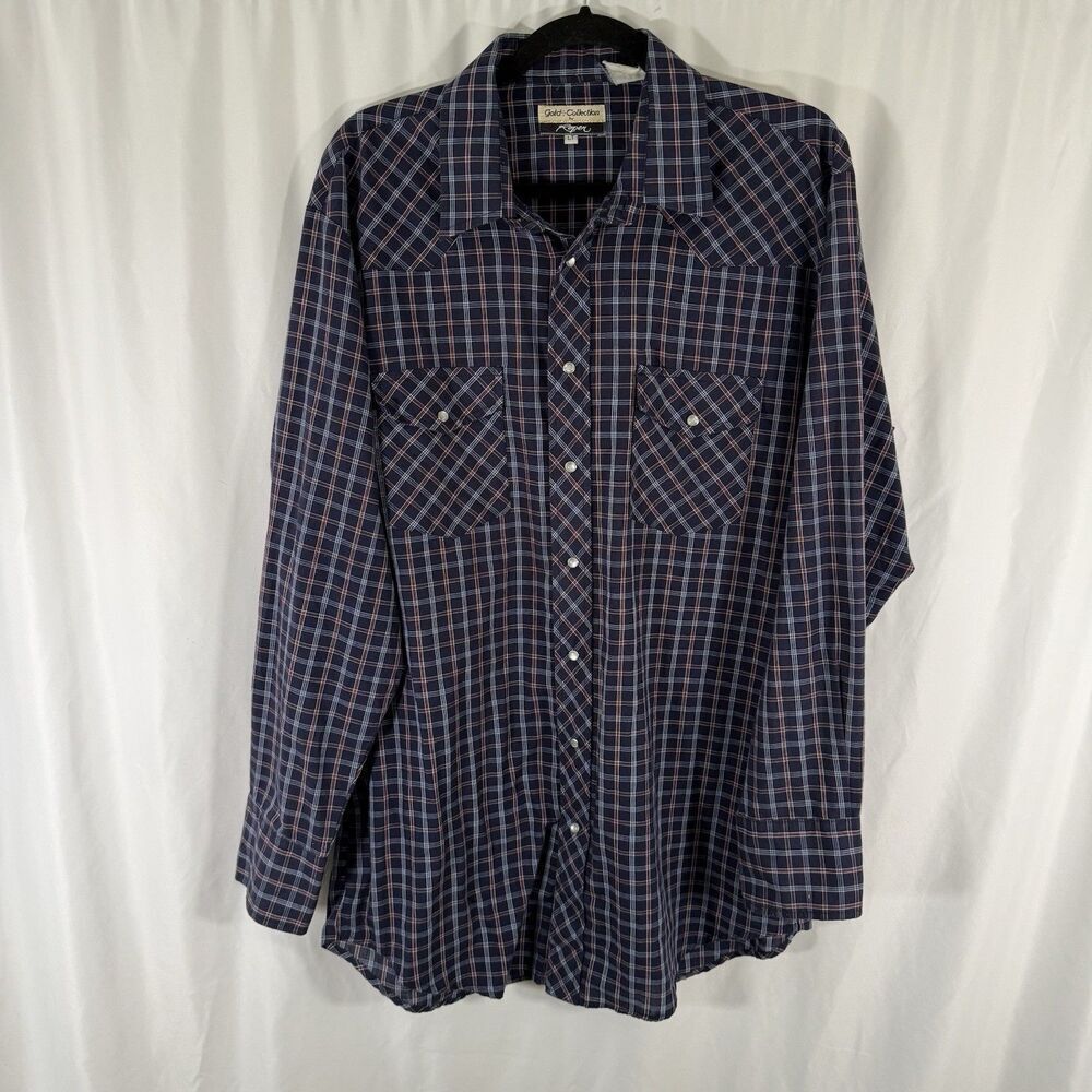 Roper Gold Collection Shirt Men's Large Blue Plaid Pearl Snap Long Sleeve Cotton